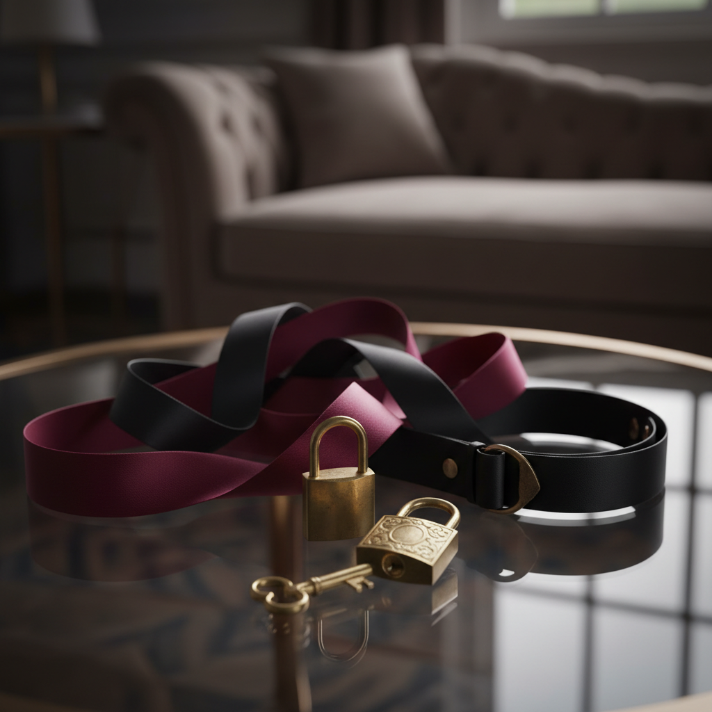 A meticulously arranged still life of intertwined silk ribbons and smooth satin restraints in deep burgundy and midnight black rests on a smoked-glass tabletop. A small, ornate lock and key set of polished brass sits in the foreground, their metallic surfaces catching the light. The environment is an elegant, shadowy room suggested only by the faint outline of a velvet chaise in the blurred background. Soft, warm side lighting creates gentle highlights along the fabric’s sheen and subtle reflections on the glass, emphasizing texture and luxury. Captured from a slightly elevated angle with a shallow depth of field, the composition feels intimate, refined, and suggestive without being explicit, rendered in rich photographic realism.