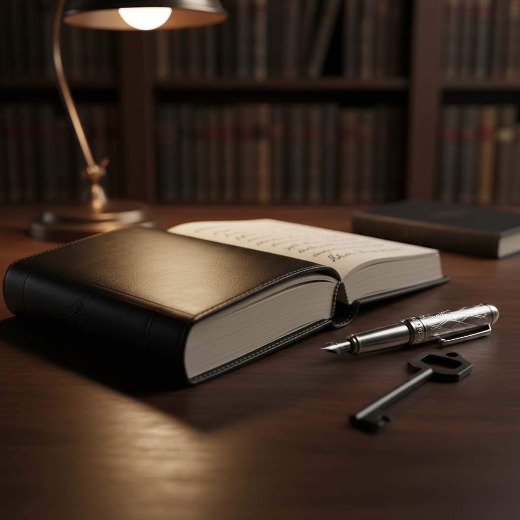 A luxurious black leather-bound journal lies partly open on a dark walnut desk, its thick cream pages revealing a few lines of handwritten ink without distinct words, suggesting intimate, private thoughts. Beside it rests a heavy silver fountain pen and a minimalist matte-black key, hinting at secrecy and control. The setting is a dimly lit study with blurred shelves of leather spines in the background. A single warm desk lamp casts dramatic, directional light, creating deep shadows and gentle highlights on the leather texture. Shot at eye level with a shallow depth of field, the focus lingers on the journal’s spine and pen, evoking sophistication, discretion, and photographic realism with a moody, cinematic atmosphere.