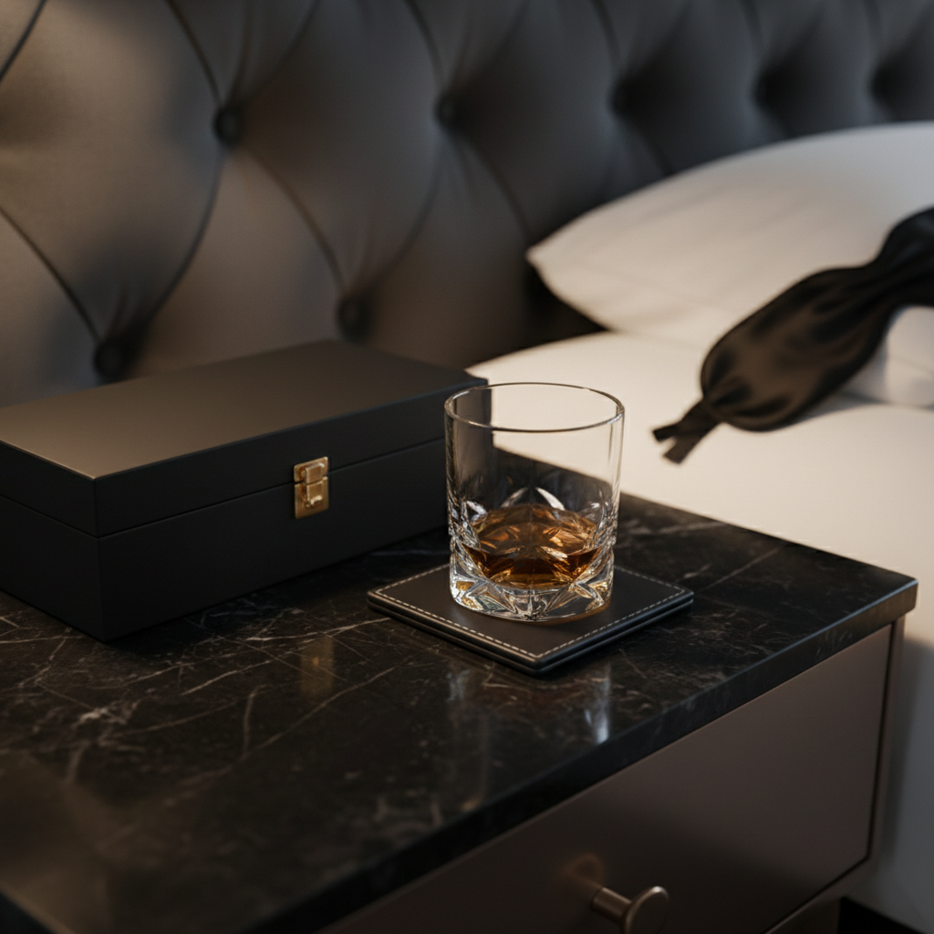 An elegant black marble nightstand holds a single crystal tumbler with a trace of amber liquid at the bottom, placed on a square leather coaster with precise stitching. Nearby, a closed, matte-black box with a small gold clasp hints at hidden contents. In the background, softly out of focus, a tufted headboard in charcoal velvet and a folded silk blindfold rest against pristine white bedding. The scene is illuminated by the warm, diffused glow of a bedside lamp, casting long, sensual shadows and subtle reflections on the marble. Shot at a low, intimate angle in photographic realism, the mood is controlled, anticipatory, and discreetly erotic, with a minimalist yet opulent aesthetic.
