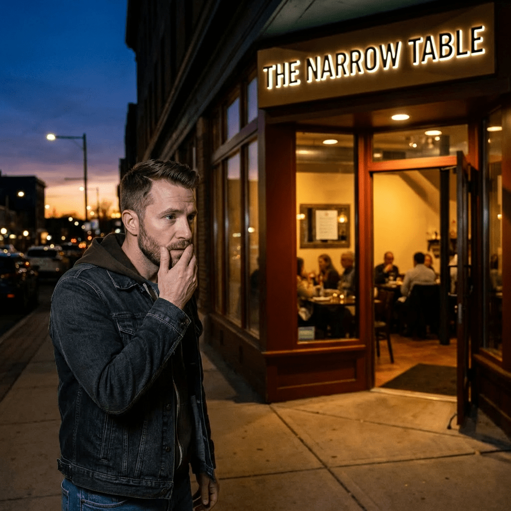 Elderly man in a leather jacket standing outside a restaurant named The Narrow Table at dusk.
